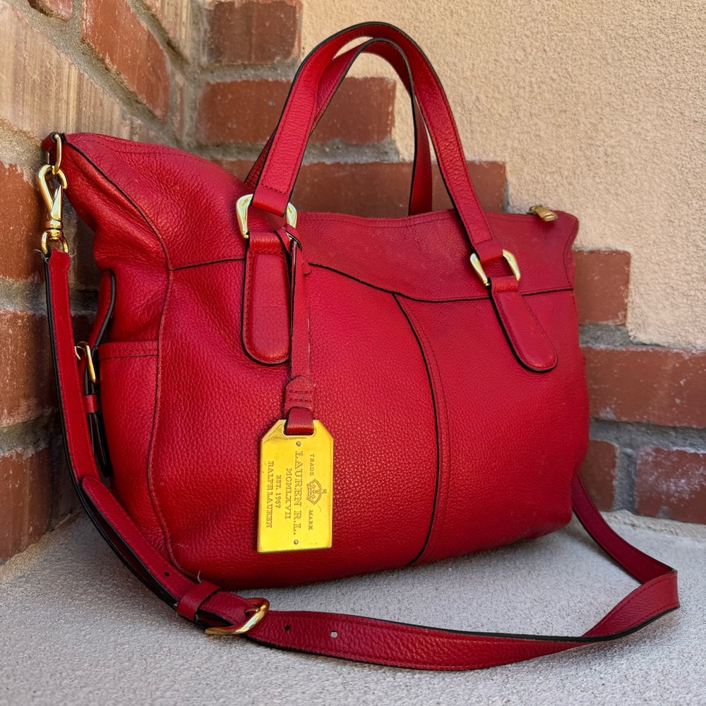 Ralph Lauren❤️ Large Pebble Leather Slouchy Satchel Crossbody Bag in Red
